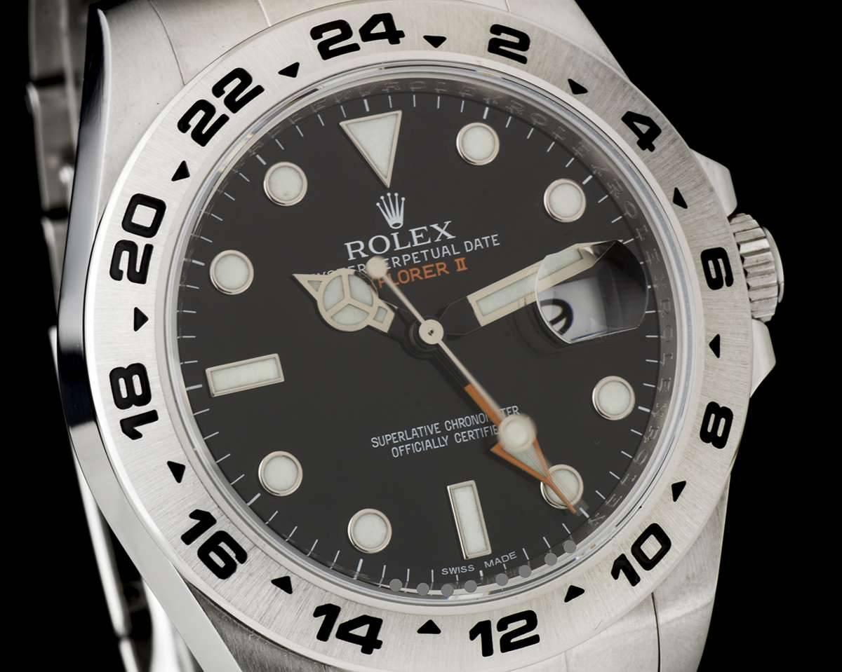 Rolex Stainless Steel Explorer II Black Dial Orange Hand Automatic Wristwatch In Excellent Condition In London, GB