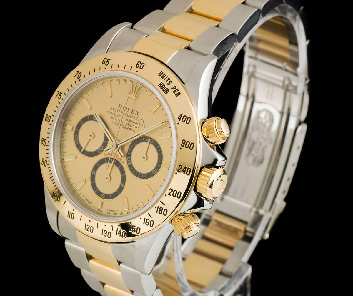 A Stainless Steel and 18k Yellow Gold Zenith Movement Cosmograph Daytona Gents Wristwatch, champagne dial with applied hour markers, 30 minute recorder at 3 0'clock, 12 hour recorder at 6 0'clock, small seconds at 9 0'clock, a fixed 18k yellow gold