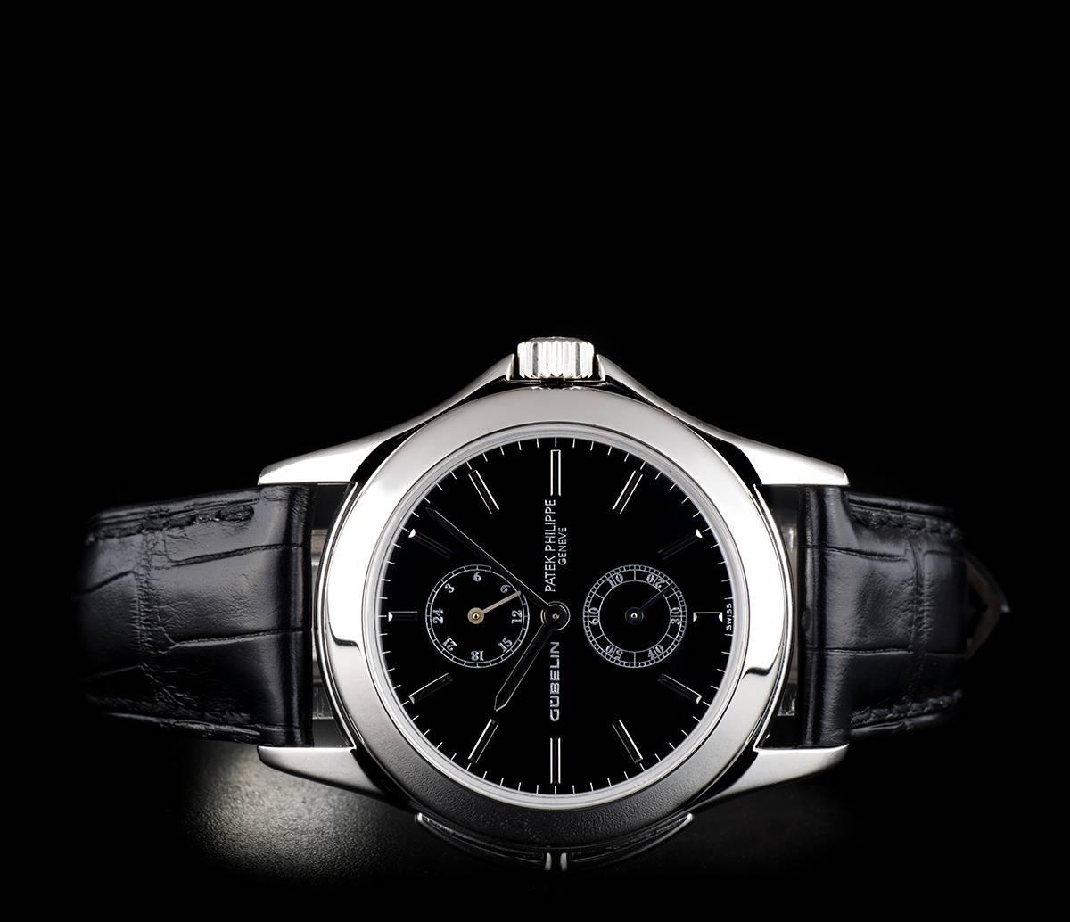Men's Patek Philippe Platinum Black Dial Calatrava Travel Time Manual Wind Wristwatch