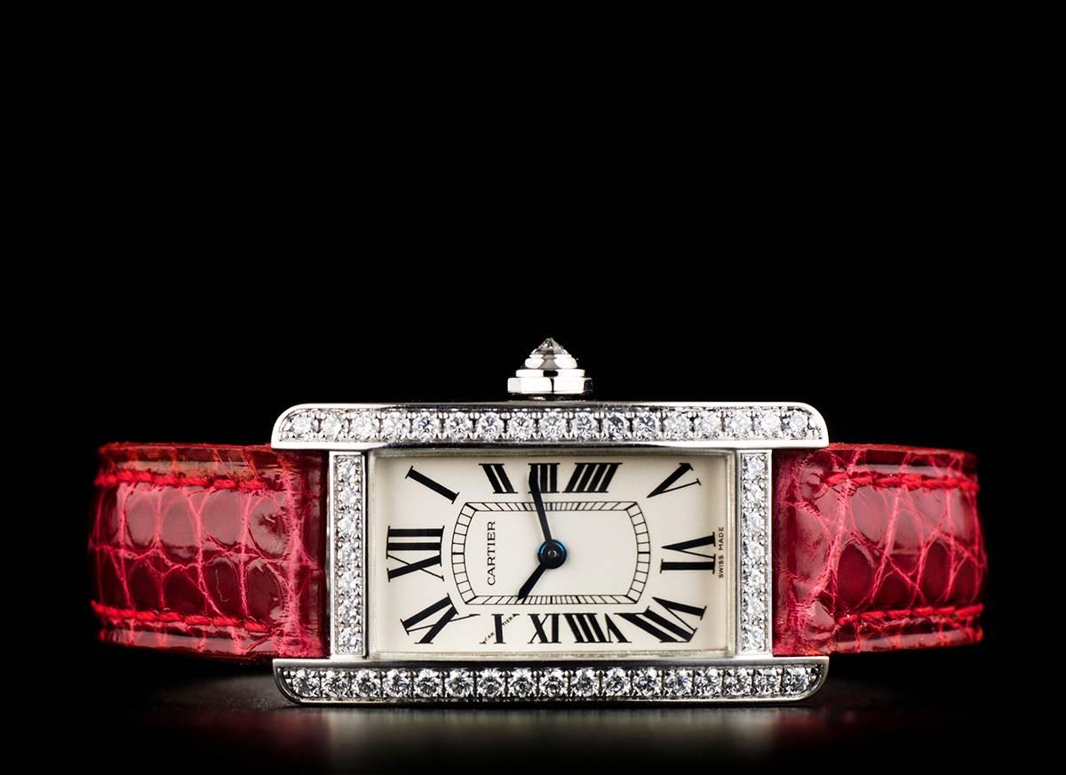 Women's Cartier Ladies White Gold Tank Americaine Diamond Bezel Quartz Wristwatch