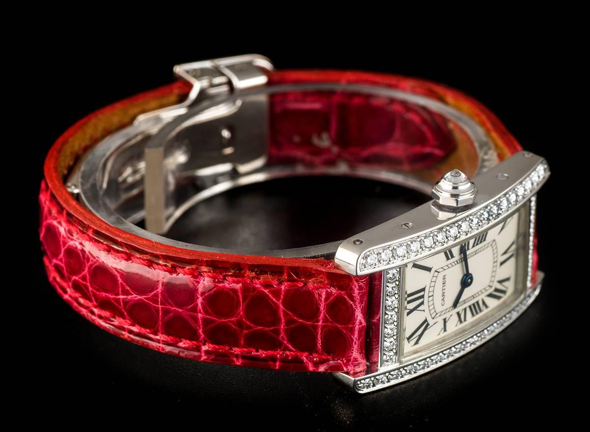 Cartier Ladies White Gold Tank Americaine Diamond Bezel Quartz Wristwatch 1