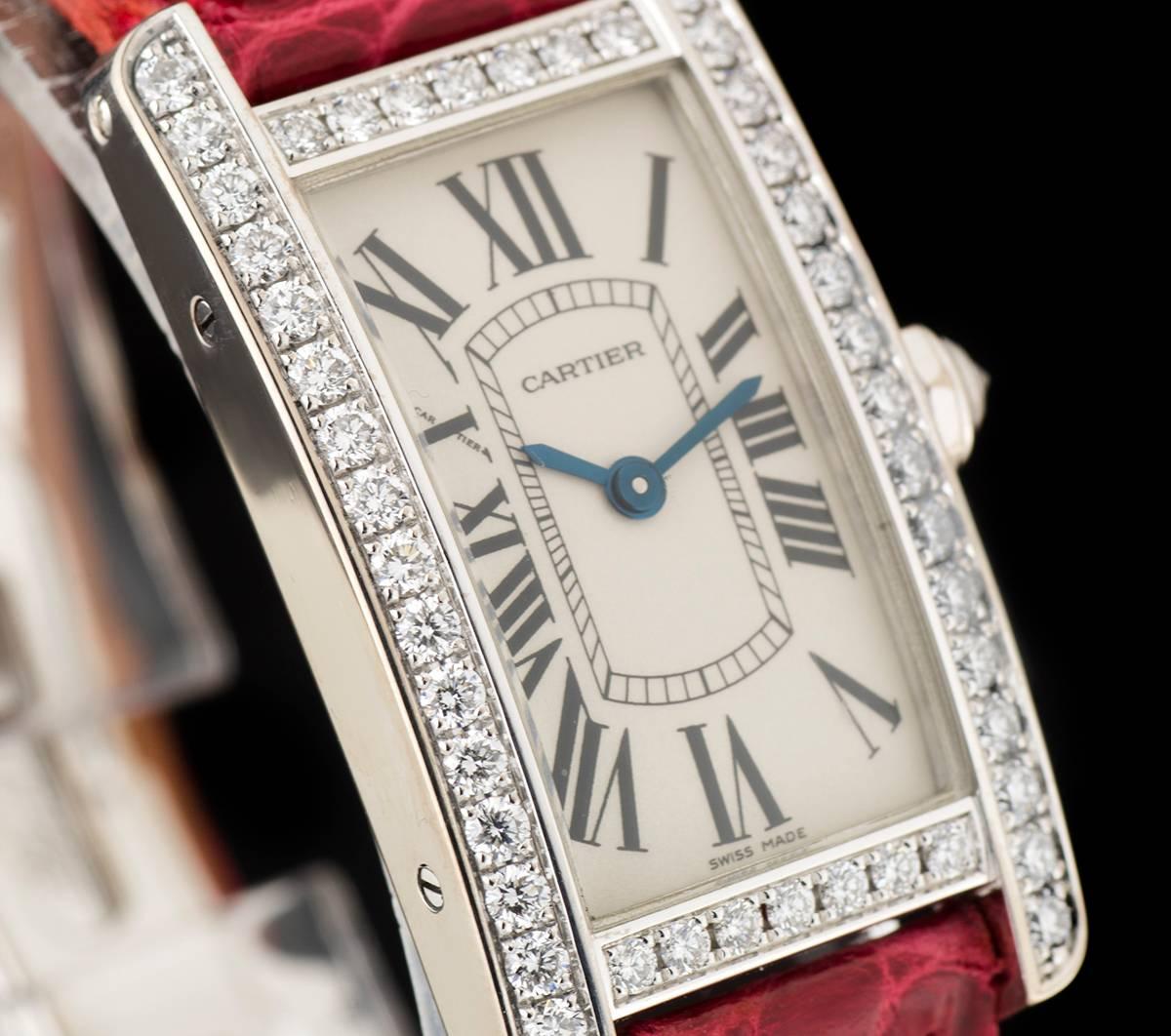 Cartier Ladies White Gold Tank Americaine Diamond Bezel Quartz Wristwatch In Excellent Condition In London, GB