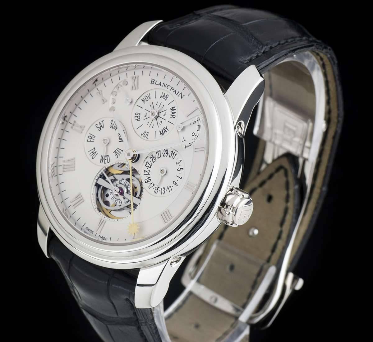 A Platinum Marching Equation Of Time Perpetual Calendar Villeret Limited Edition Gents Wristwatch, opaline silver dial with applied roman numerals, retrograde plus/minus minutes equation of time indicator between 1 & 2 0'clock, date sub-dial at