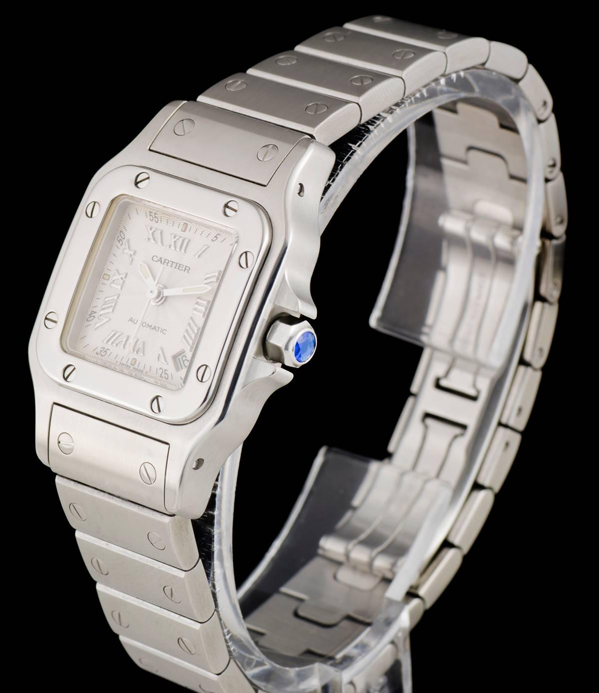 A Stainless Steel Santos Galbee Ladies Wristwatch, silver guilloche millenium dial with applied roman numerals, date between "IIII" and "V", a fixed stainless steel bezel, a stainless steel bracelet with a concealed stainless