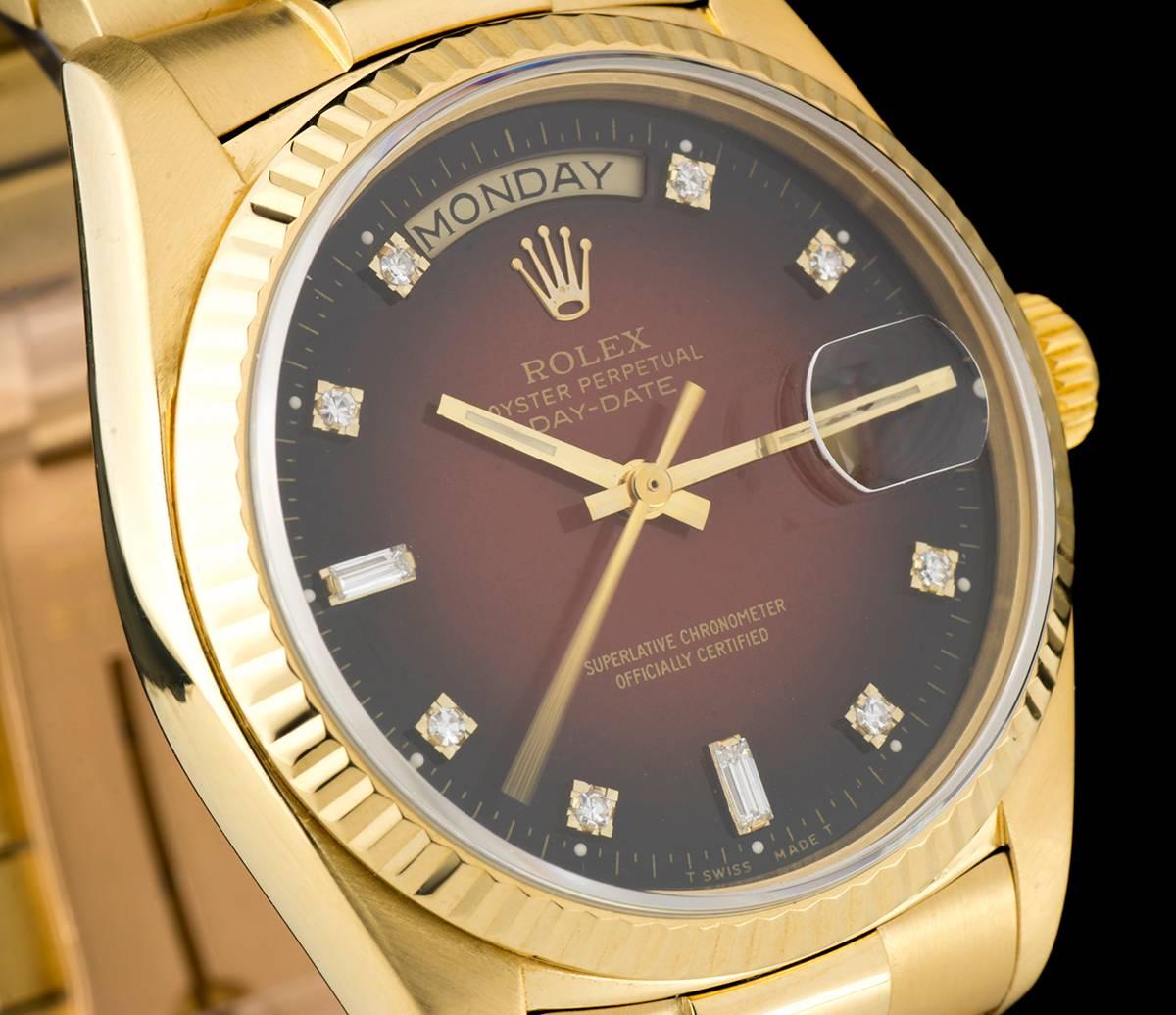 Rolex Day-Date Gents Gold Maroon Vignette Diamond Dial 18038 Automatic Watch In Excellent Condition In London, GB