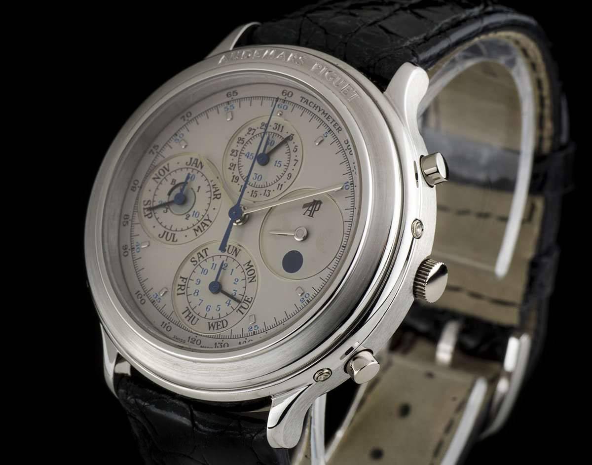 A Platinum Perpetual Calendar Moonphase Chronograph Gents Wristwatch, silver dial with applied hour markers, moonphase aperture at 3 0'clock, 12 hour recorder and weekday sub-dial at 6 0'clock, leap year indicator, 30 minute recorder and month