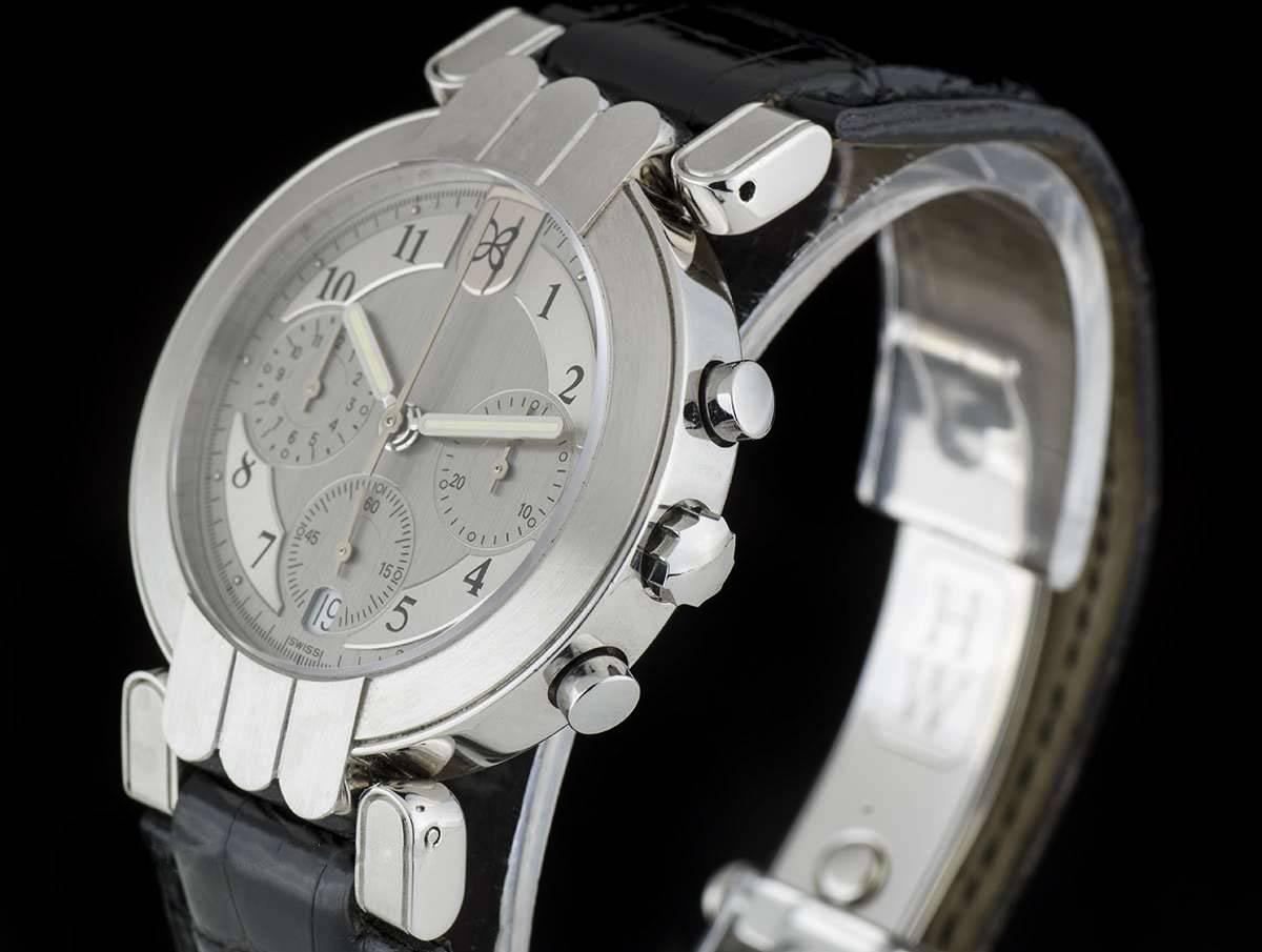 A Platinum Premier Chronograph Gents Wristwatch, silver dial with arabic numbers, 30 minute recorder at 3 0'clock, date and small seconds at 6 0'clock, 12 hour recorder at 9 0'clock, a platinum fixed brushed bezel, a brand new original black leather