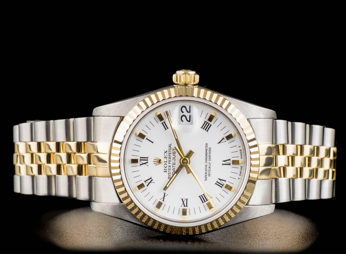 Women's or Men's Rolex Datejust Mid-Size Steel & Gold White Roman Dial 68273 Automatic Wristwatch