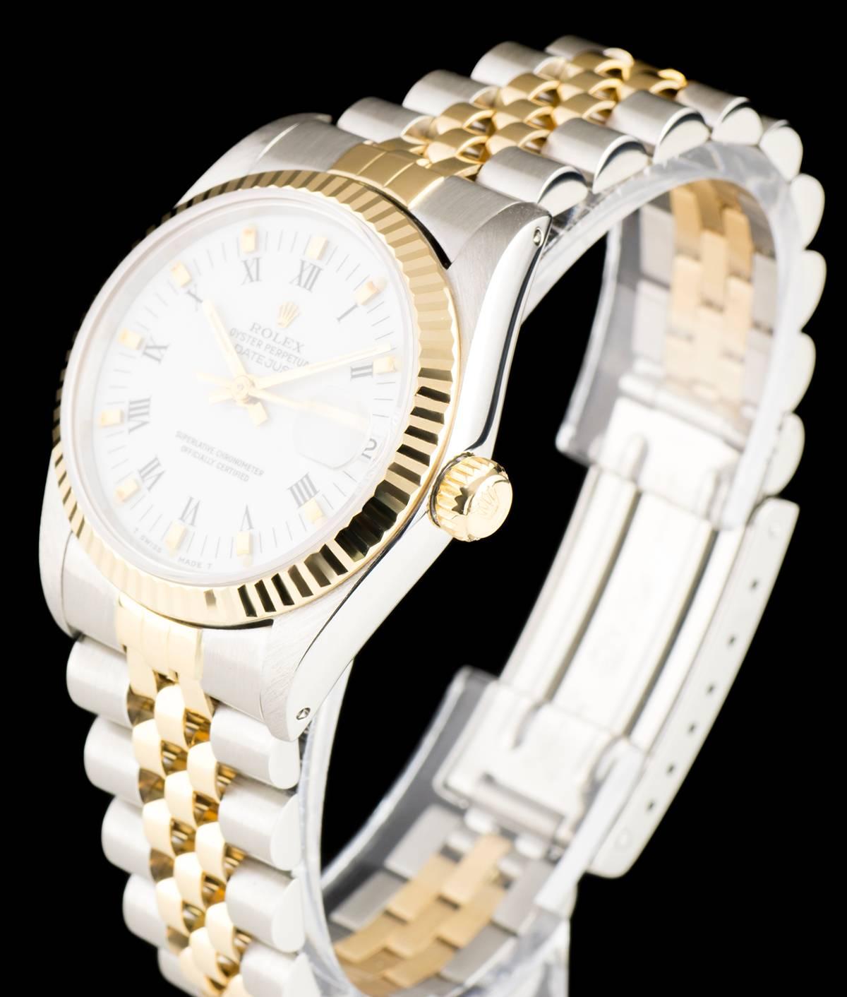 A Stainless Steel & 18k Yellow Gold Oyster Perpetual Mid-Size Wristwatch, white dial with roman numerals, date at 3 0'clock, a fixed 18k yellow gold fluted bezel, a stainless steel and 18k yellow gold jubilee bracelet with a stainless steel