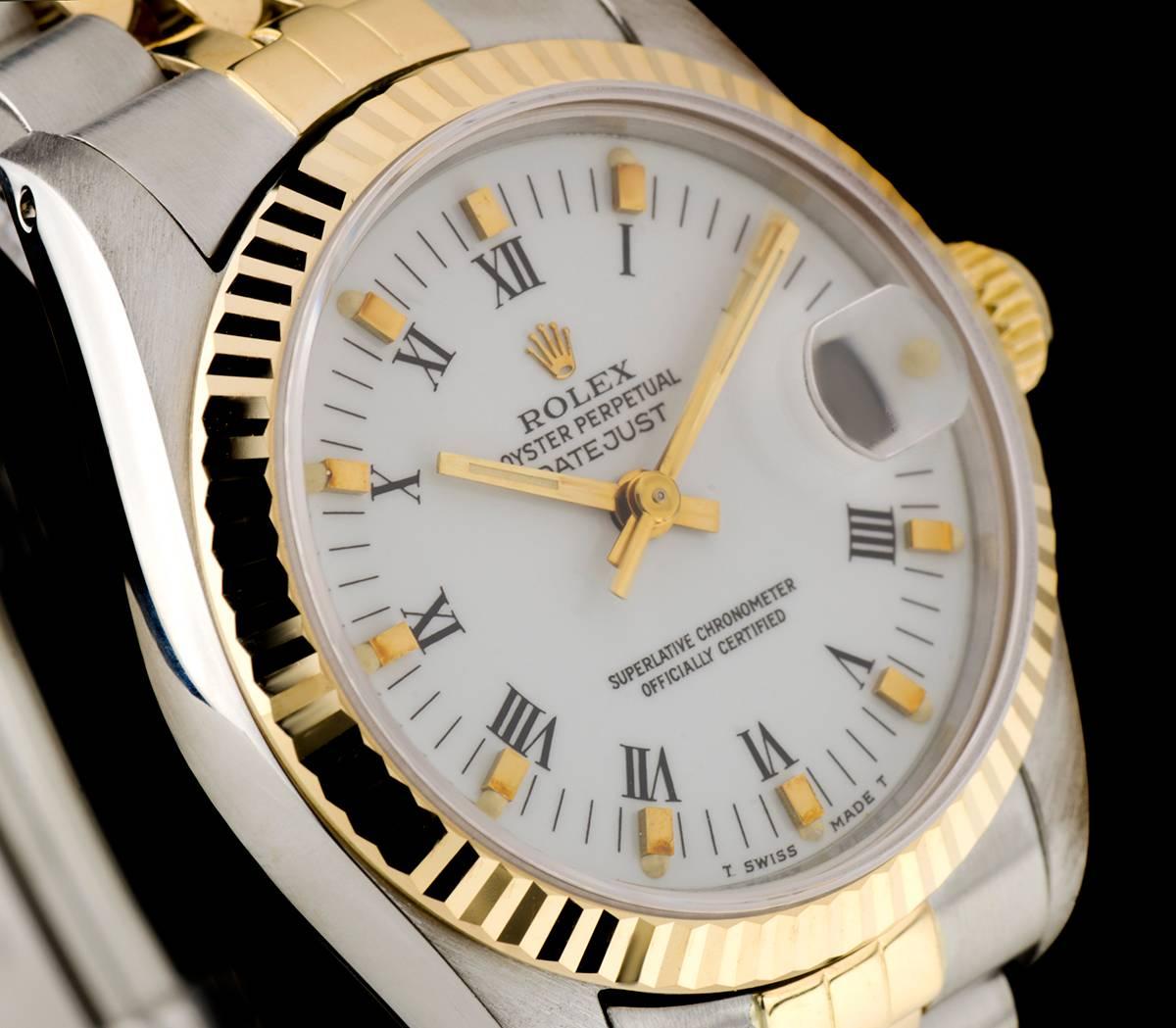Rolex Datejust Mid-Size Steel & Gold White Roman Dial 68273 Automatic Wristwatch In Excellent Condition In London, GB