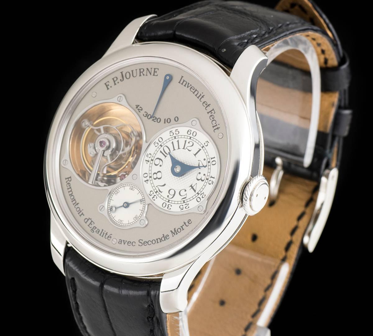 A Platinum Tourbillon Souveraine Dead Beat Seconds Gents Wristwatch, silver dial, sub-dial at 3 0'clock indicating hours and minutes, sub-dial at 6 0'clock featuring dead beat small seconds, tourbillon display at 9 0'clock, power reserve display at