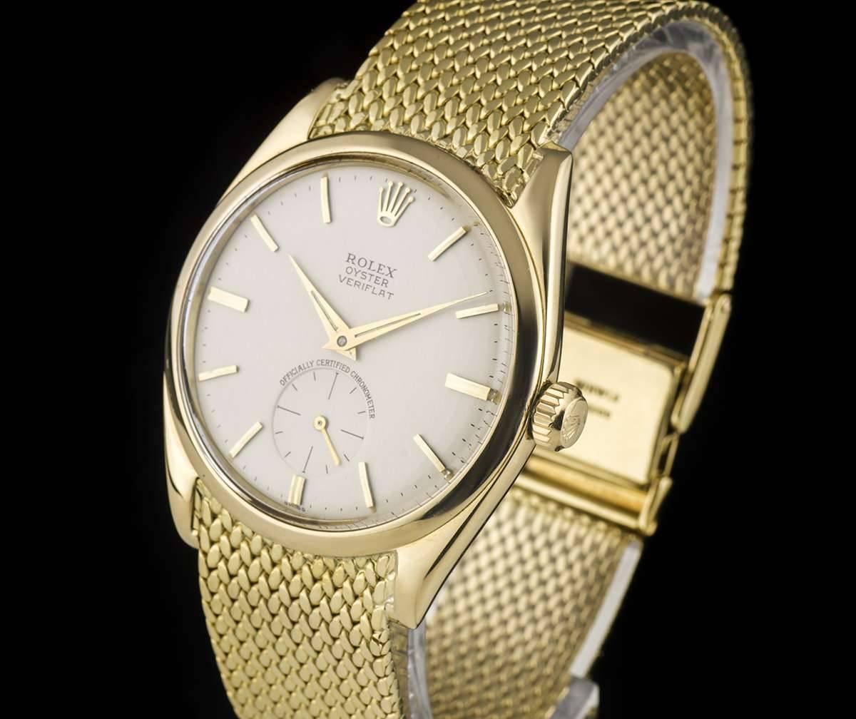 An 18k Yellow Gold Oyster Veriflat Precision Vintage Gents Wristwatch, silver dial with applied index batons, small seconds at 6 0'clock, a fixed 18k yelllow gold bezel, an 18k yellow gold integrated milanese mesh bracelet with an 18k yellow gold
