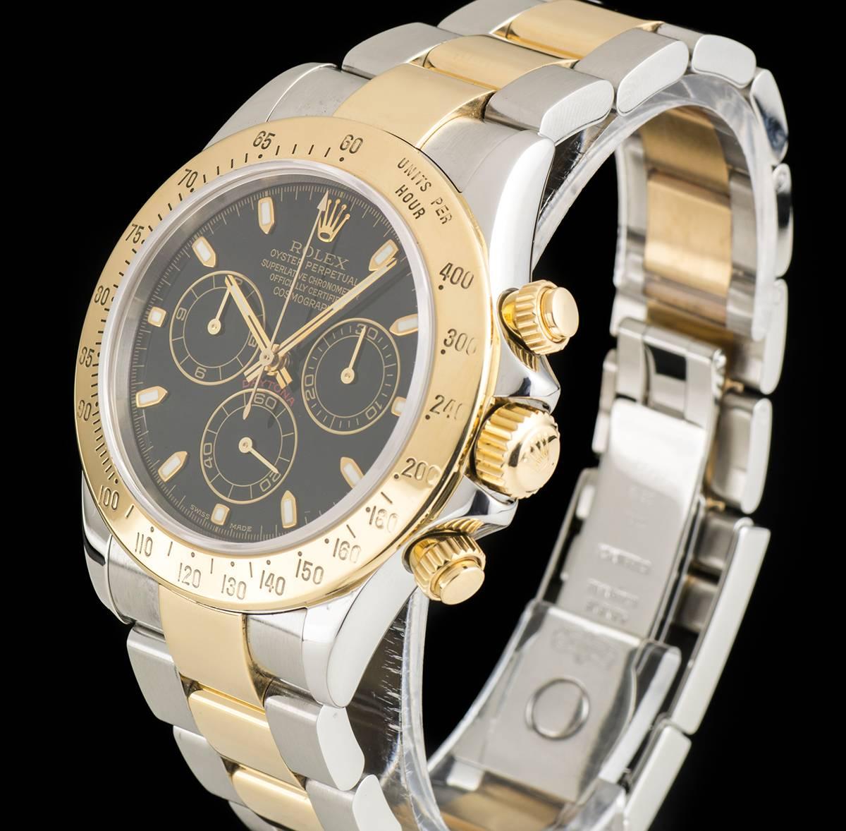 A Stainless Steel and 18k Yellow Gold Oyster Perpetual Cosmograph Daytona Gents Wristwatch, black dial with applied hour markers, 30 minute recorder at 3 0'clock, small seconds dial at 6 0'clock, 12 hour recorder at 9 0'clock, a fixed 18k yellow