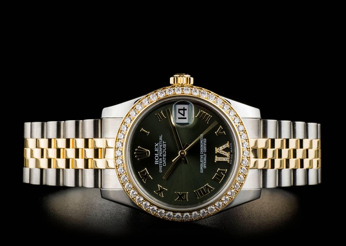 Women's or Men's Rolex Datejust Mid-Size Steel and Gold Green Roman Dial 178383 Automatic Watch