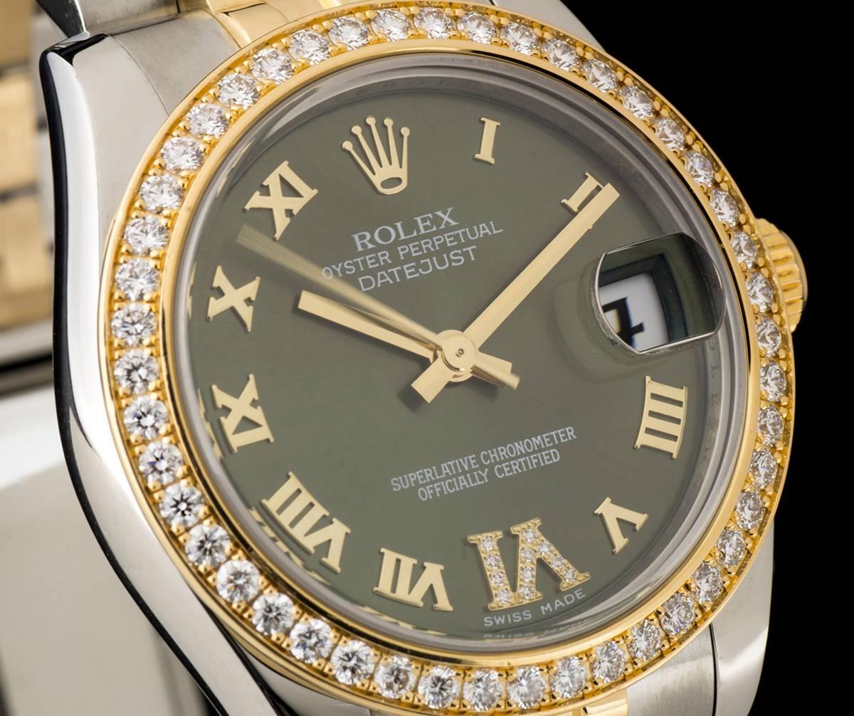 Rolex Datejust Mid-Size Steel and Gold Green Roman Dial 178383 Automatic Watch In Excellent Condition In London, GB