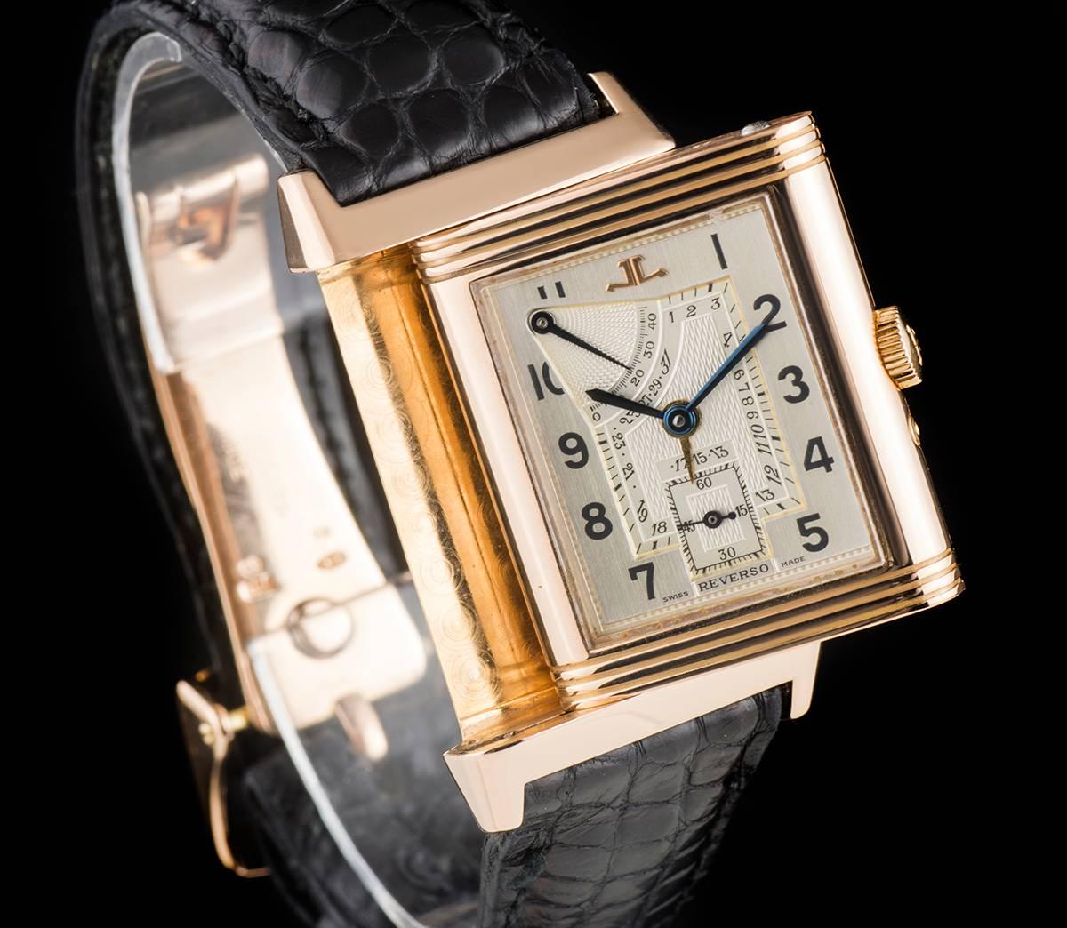 Jaeger LeCoultre 60th Anniversary Reverso Rose Gold Silver Dial ManualWind Watch In Excellent Condition In London, GB