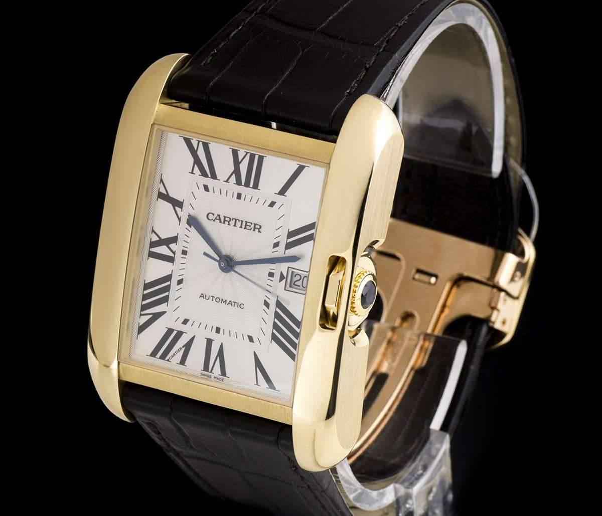 An Unworn 18k Yellow Gold Tank Anglaise XL Gents Wristwatch, silvered flinqué dial with roman numerals and secret signature at "V" of "VII", date at 3 0'clock, blued steel sword shaped hands, an 18k yellow gold fixed bezel, an