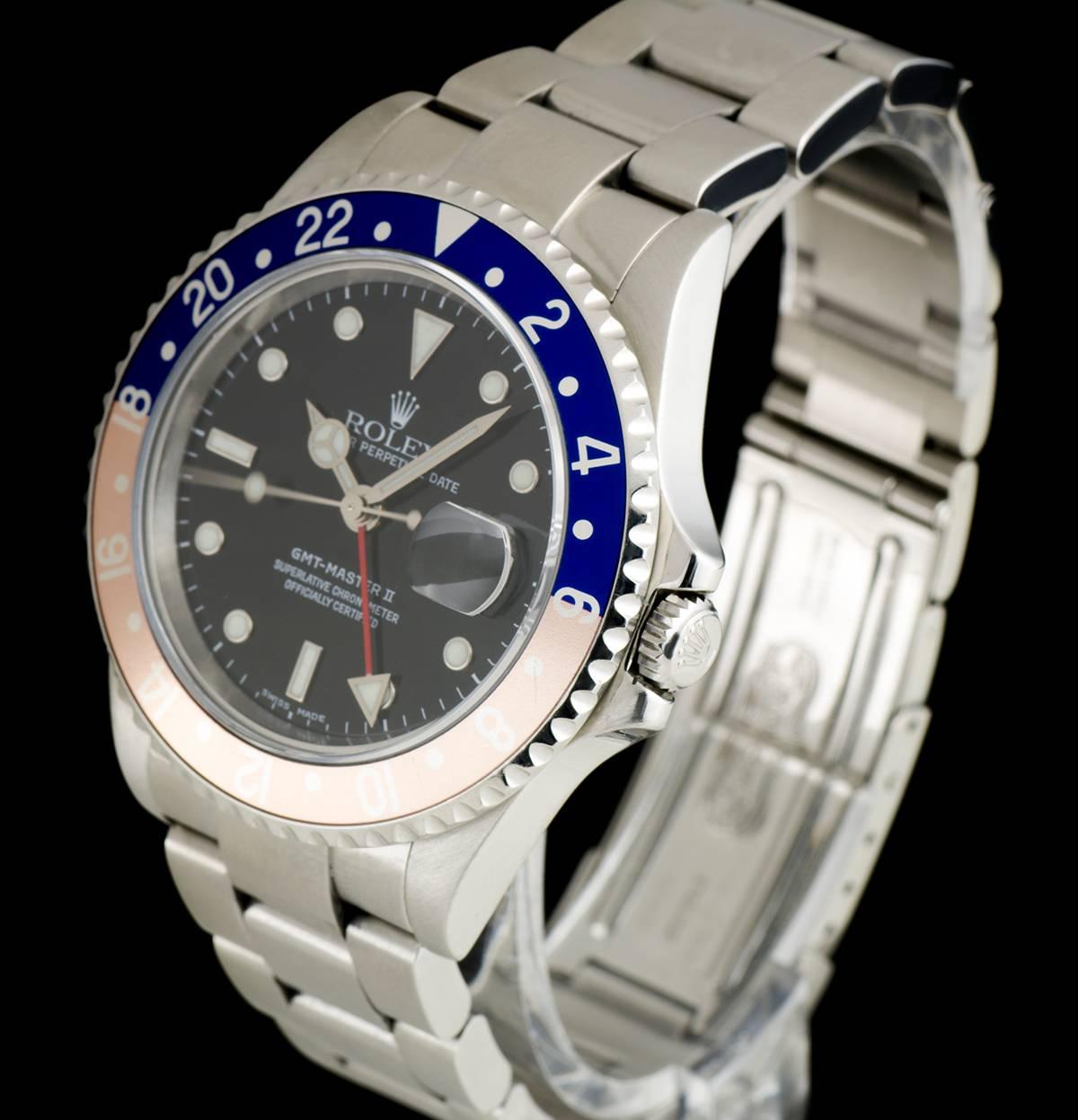 A Stainless Steel Oyster Perpetual GMT-Master II Gents Wristwatch, black dial with applied hour markers, date at 3 0'clock, red GMT hand, a stainless steel bi-directional rotating bezel with a blue and red "pepsi" bezel insert, a stainless