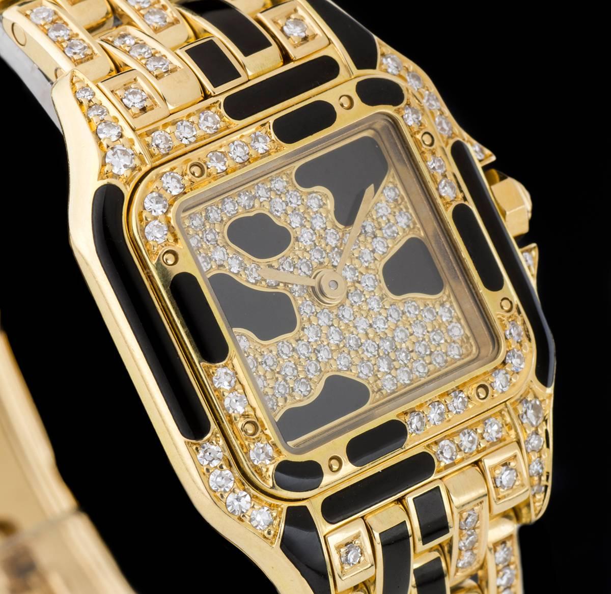 Art Deco Cartier Yellow Gold Pavé Diamond Leopard Panthere Quartz Wristwatch