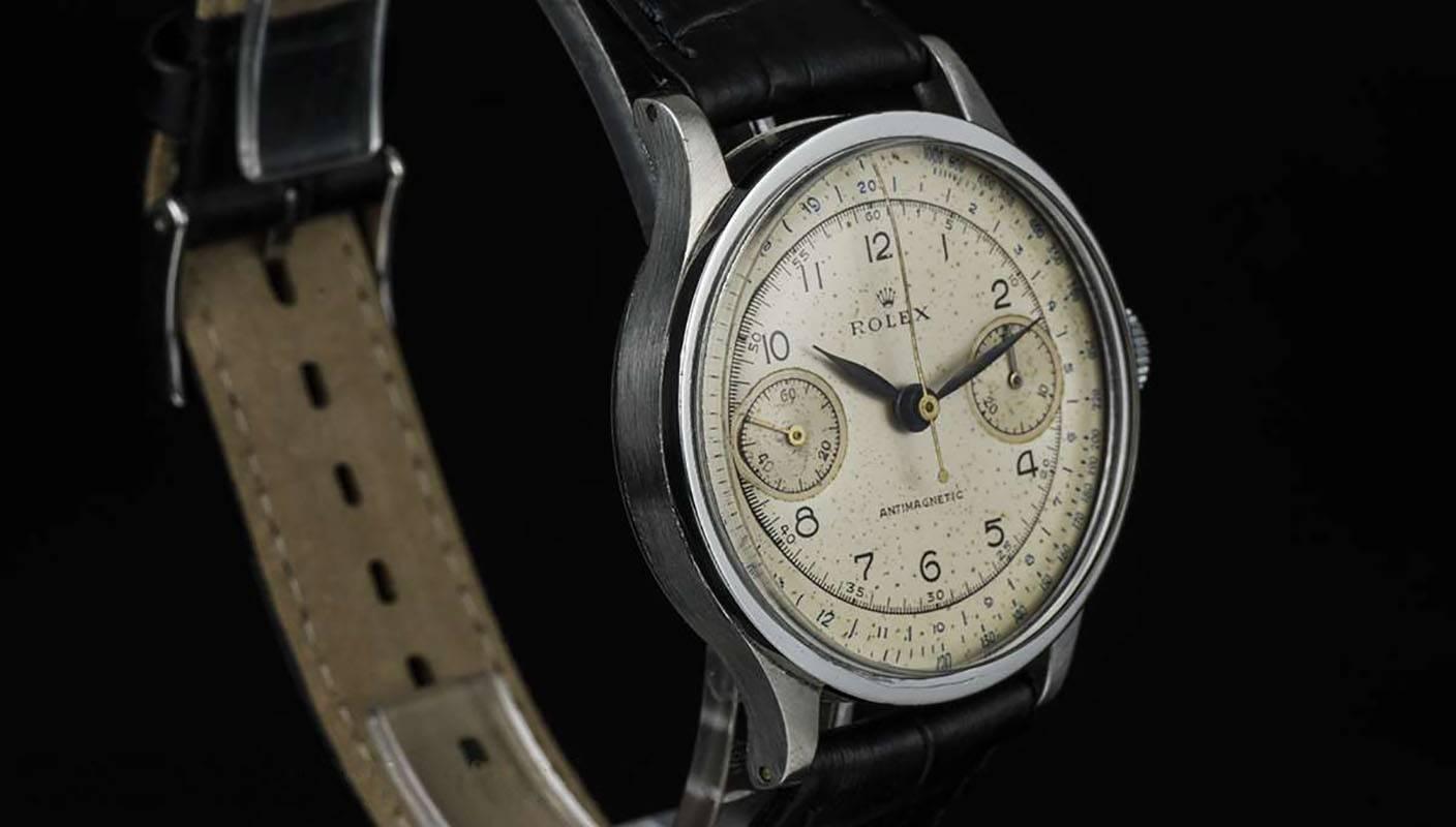 A Very Rare Stainless Steel Chronograph Antimagnetic Gents Wristwatch, original silver dial with arabic numbers, small seconds at 9 0'clock, 30 minute recorder at 3 0'clock, a black leather strap (not by Rolex) with an original stainless steel pin