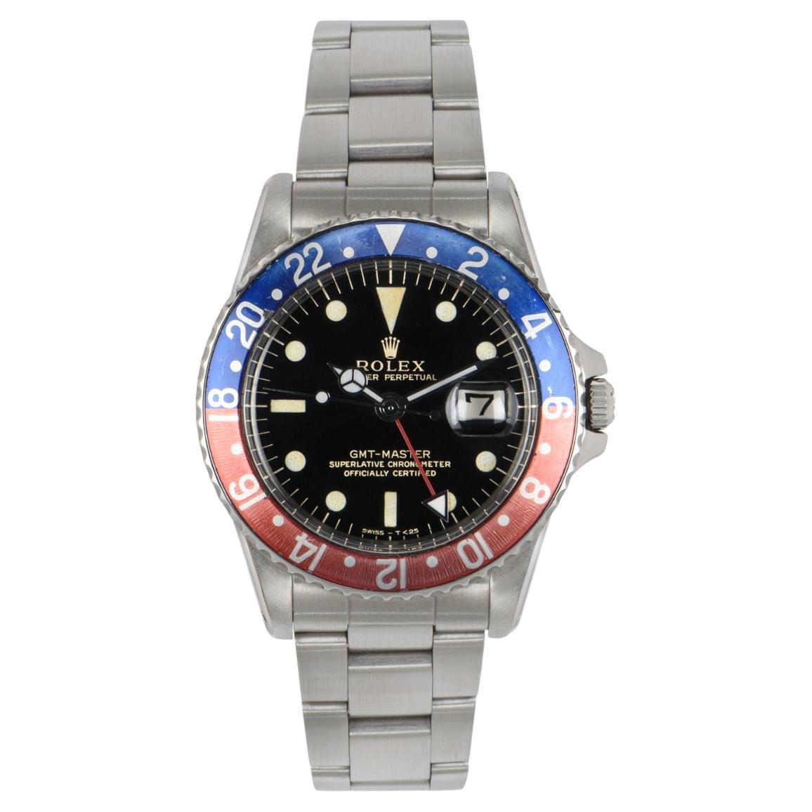 Rolex GMT-Master Vintage Schwarzes vergoldetes Zifferblatt Pepsi-Lünette spitz zulaufende Kronenschutz 1675 im Angebot