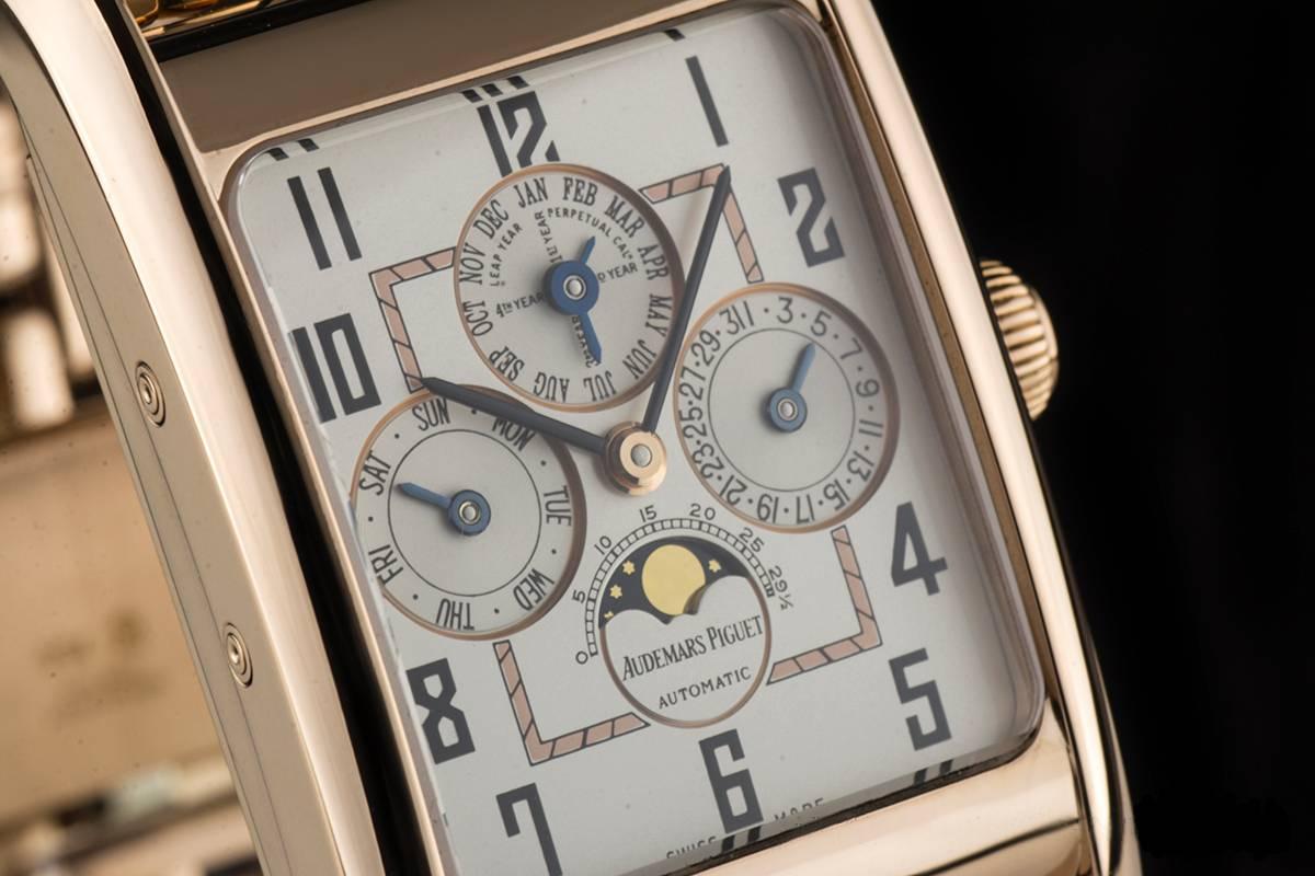 An 18k Rose Gold Edward Piguet Quantieme Perpetual Calendar Gents Wristwatch, silver dial with arabic numbers, date sub-dial at 3 0'clock, moonphase aperture and moon age indicator at 6 0'clock, weekday sub-dial at 9 0'clock, month sub-dial and leap