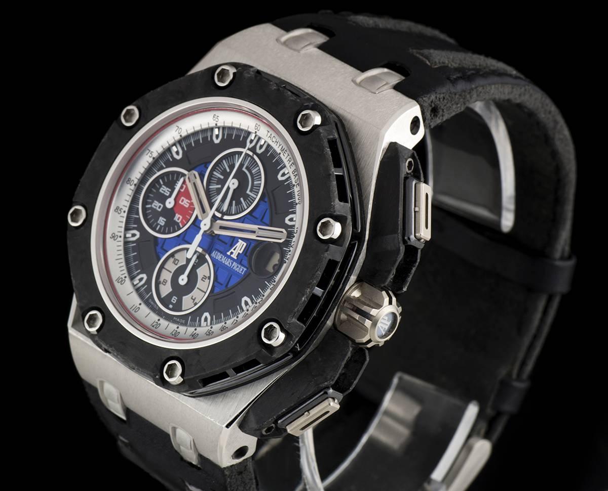 A Platinum Royal Oak Offshore Chronograph Grand Prix Limited Edition Gents Wristwatch 26290PO.OO.A001VE.0, black dial with a blue "Méga Tapisserie" pattern and applied hour markers, date at 3 0'clock, 12 hour recorder at 6 0'clock, 30