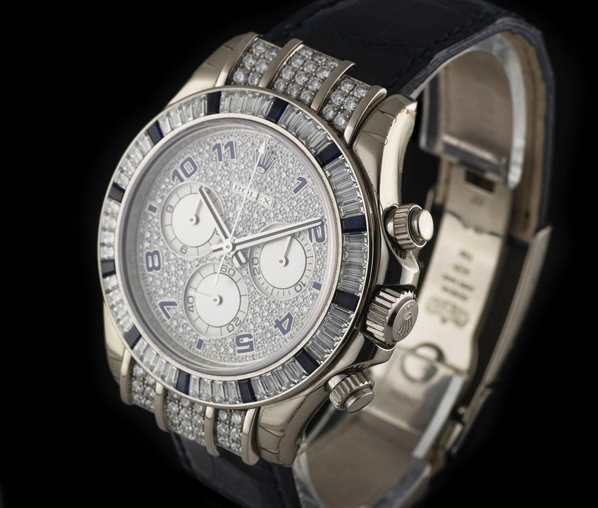 An 18k Oyster Perpetual Cosmograph Daytona Gents Wristwatch 116599SA, pave set diamond dial with applied arabic numbers, 30 minute recorder at 3 0'clock, small seconds at 6 0'clock, 12 hour recorder at 9 0'clock, an 18k white gold fixed bezel set