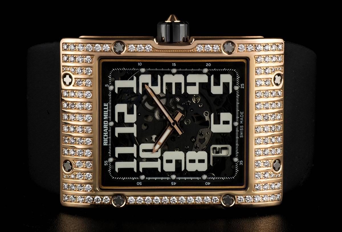 Men's Richard Mille Gold Diamond Skeleton Dial Extra Flat Automatic Wristwatch