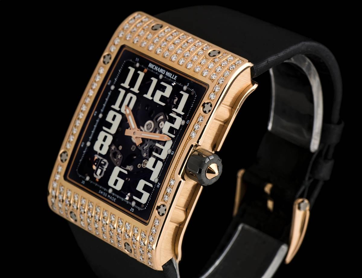 Richard Mille Gold Diamond Skeleton Dial Extra Flat Automatic Wristwatch In Excellent Condition In London, GB