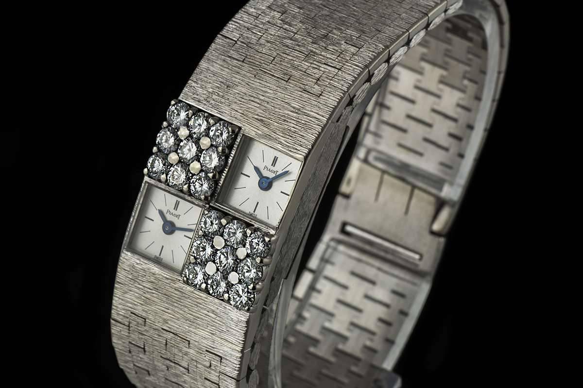 Piaget Ladies White Gold Diamond Set Dual Time Manual Wind Wristwatch In Excellent Condition In London, GB
