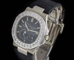 Patek Philippe White Gold Diamond Bezel Power Reserve Nautilus Wristwatch