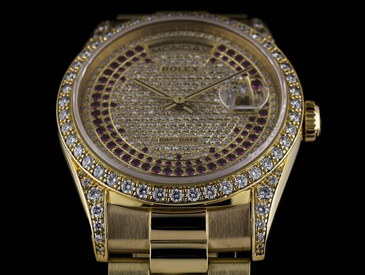 Rolex Yellow Gold Pave Diamond Ruby Dial Day Date automatic Wristwatch In Excellent Condition In London, GB