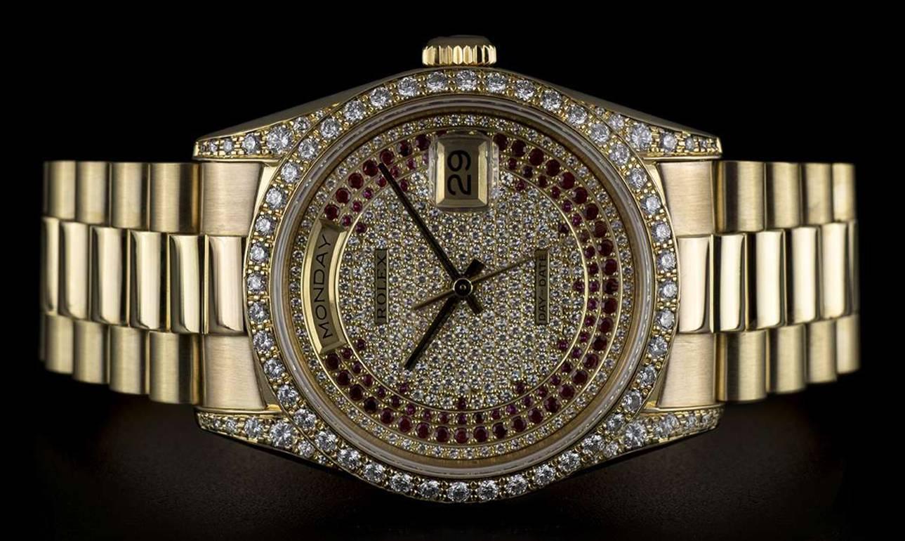 Men's Rolex Yellow Gold Pave Diamond Ruby Dial Day Date automatic Wristwatch