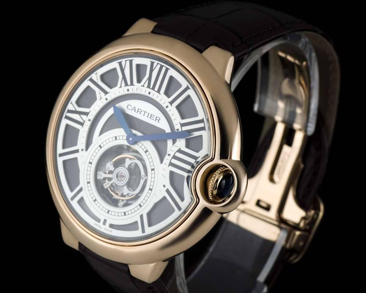 An 18k Rose Gold Ballon Bleu De Cartier Flying Tourbillon Gents Wristwatch W6920001, slate coloured galvanised guilloche dial with roman numerals and minute markers, secret signature at 'X', blue steel sword shaped hands, flying tourbillon at 6