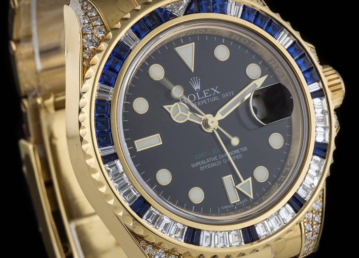 Rolex Yellow Gold Diamond Sapphire GMT-Master II Automatic Wristwatch In New Condition In London, GB