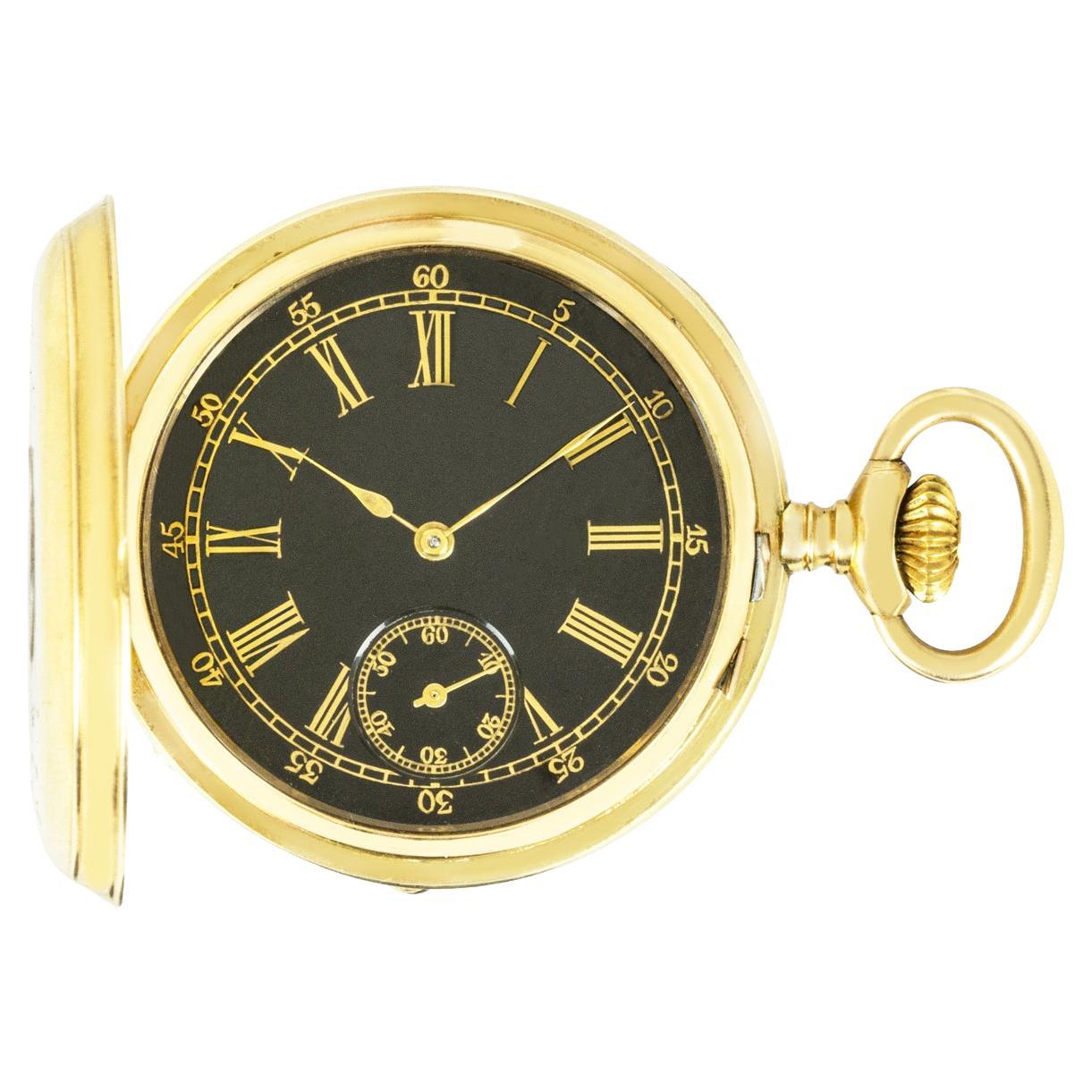 Eugene Le Coultre. Eine 18ct Gelbgold schlüssellose Hebel Hälfte Hunter Taschenuhr C1880.


Zifferblatt: Das sehr seltene Zifferblatt ist schwarz emailliert mit goldfarbenen römischen Ziffern und einer goldenen Minuterie mit goldenen arabischen