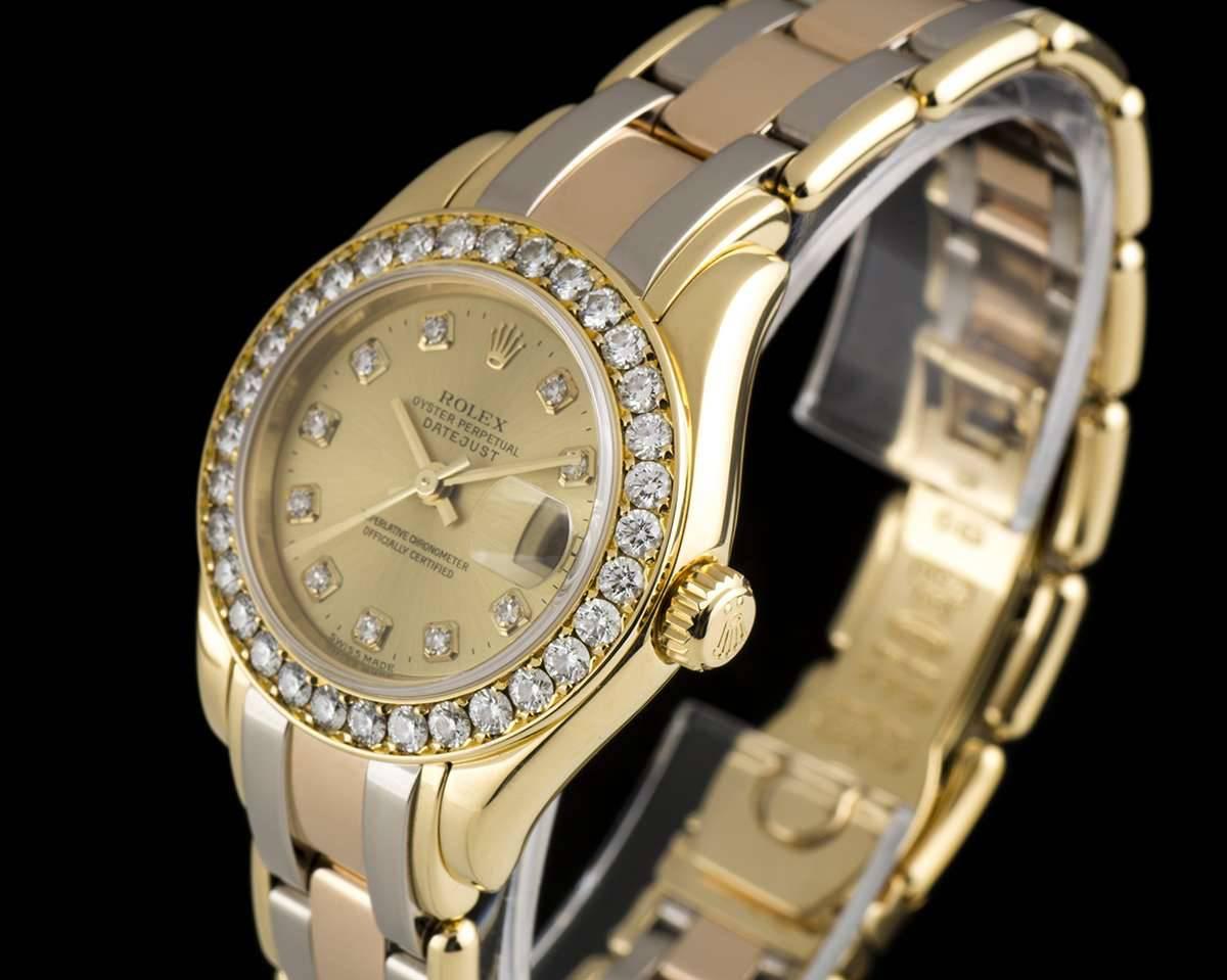 Rolex Ladies Diamond Yellow Gold Bezel Datejust Pearlmaster Tridor Wristwatch In Excellent Condition In London, GB