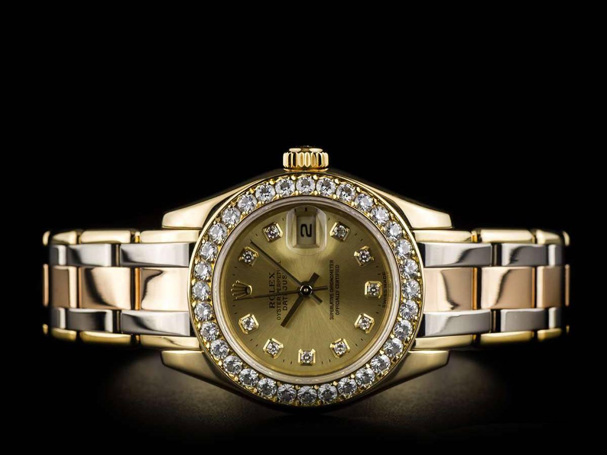 Women's Rolex Ladies Diamond Yellow Gold Bezel Datejust Pearlmaster Tridor Wristwatch