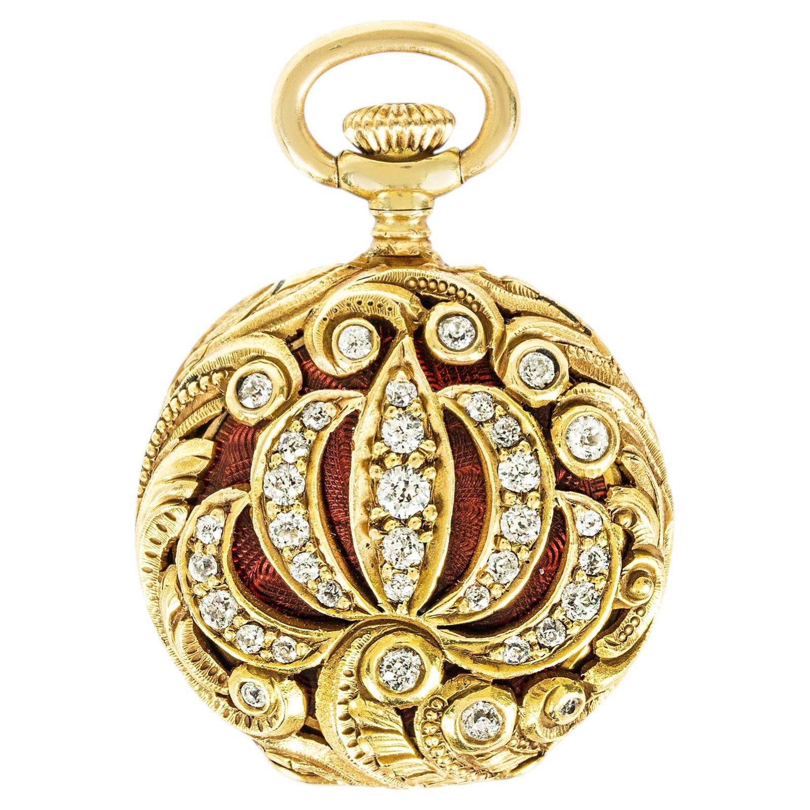 Tiffany & Co. Eine seltene Taschenuhr aus Gold mit Diamanten und Emaille, um 1910 im Angebot