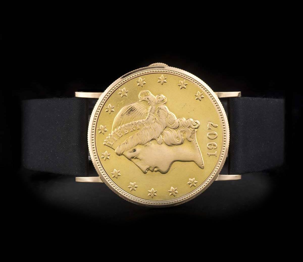 Eska yellow gold Vintage 20 Dollar Coin manual Wristwatch 3