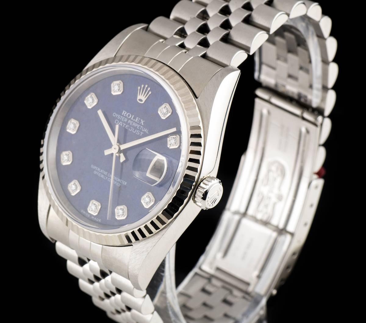 An Unworn Stainless Steel Oyster Perpetual Datejust NOS Gents Wristwatch, rare sodalite dial with 10 applied round brilliant cut diamond hour markers, date at 3 0'clock, a fixed 18k white gold fluted bezel, a stainless steel jubilee bracelet with a
