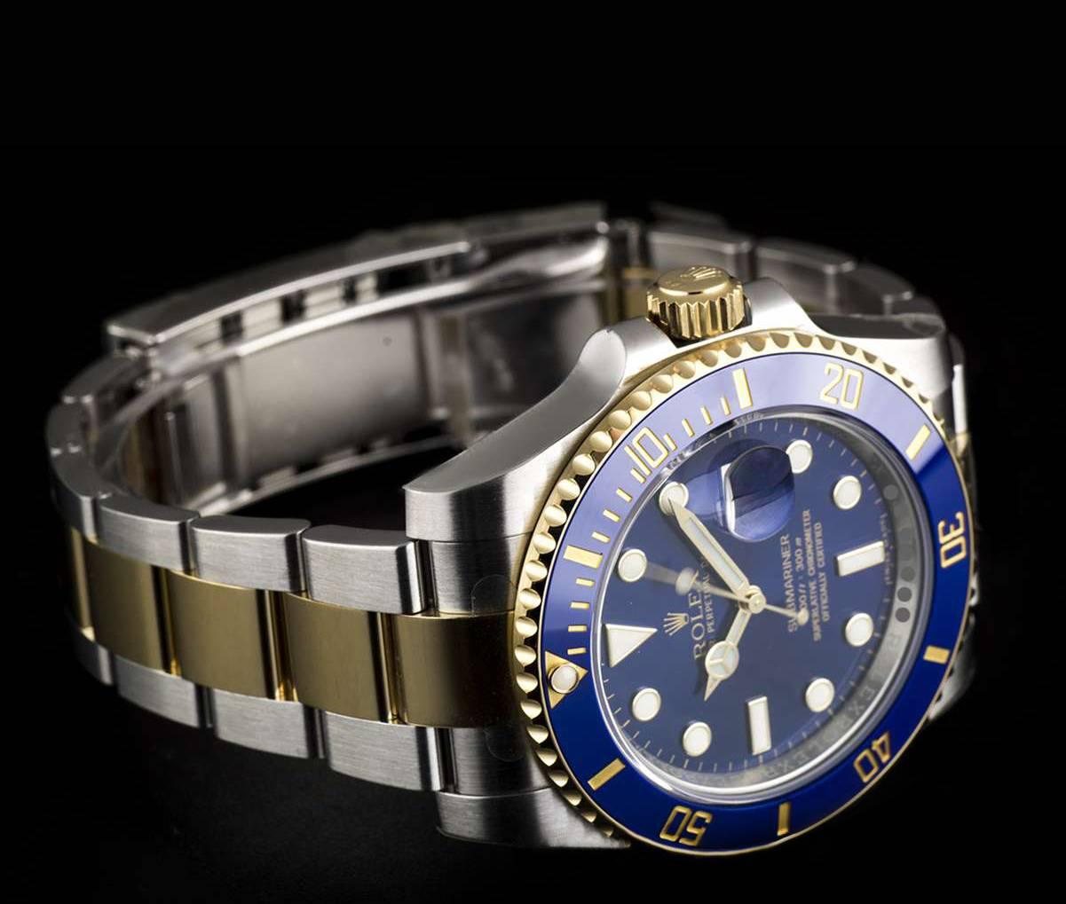 Men's Rolex Yellow Gold Stainless Steel Submariner Date Ceramic Bezel Wristwatch 
