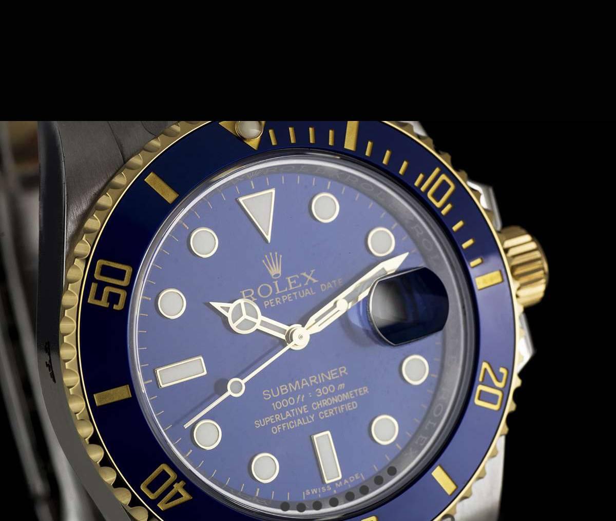 An Unworn Stainless Steel & 18k Yellow Gold Oyster Perpetual Submariner Date Gents Wristwatch, blue dial with applied hour markers, date at 3 0'clock, an 18k yellow gold uni-directional rotating bezel with a blue ceramic insert, a stainless