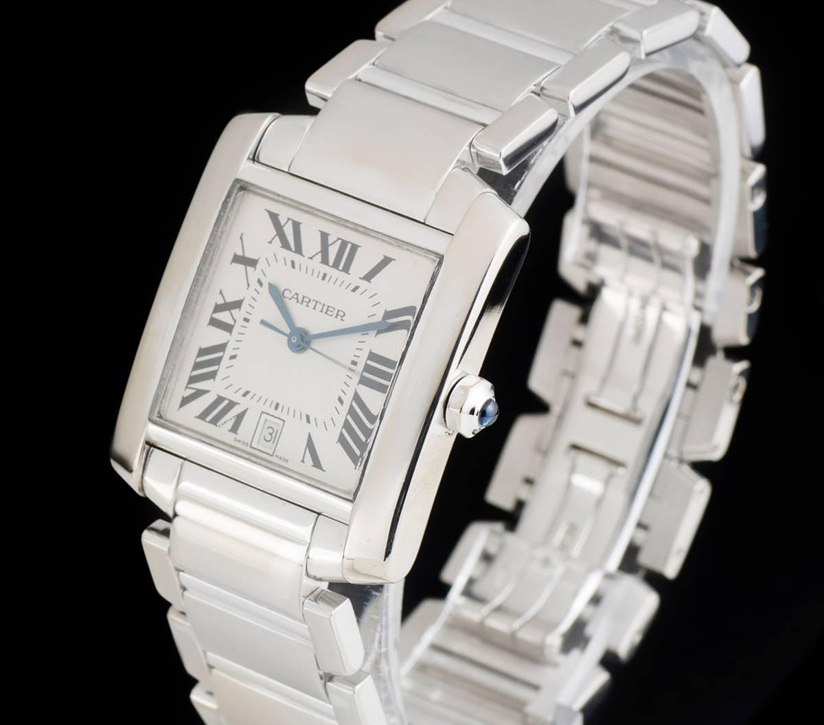 An 18k White Gold Tank Francaise Gents Wristwatch, silver guilloche dial with roman numerals and secret signature at "V" of "VII", blued steel sword shaped hands, date at 6 0'clock, a fixed 18k white gold bezel, an 18k white gold