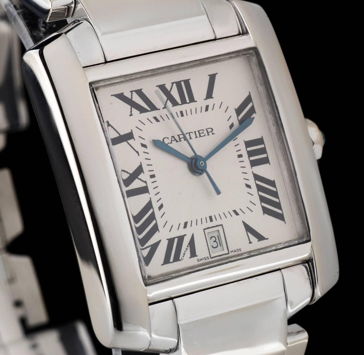 Cartier White Gold Guilloche Dial Tank Francaise automatic Wristwatch In Excellent Condition In London, GB