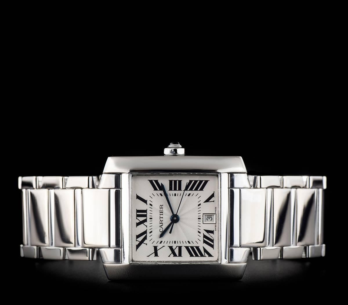 Men's Cartier White Gold Guilloche Dial Tank Francaise automatic Wristwatch