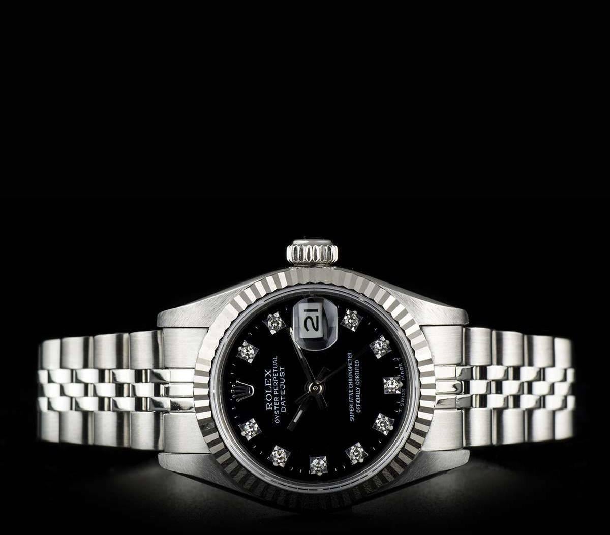 Rolex Ladies Stainless Steel Black Diamond Dial Datejust automatic Wristwatch In Excellent Condition In London, GB