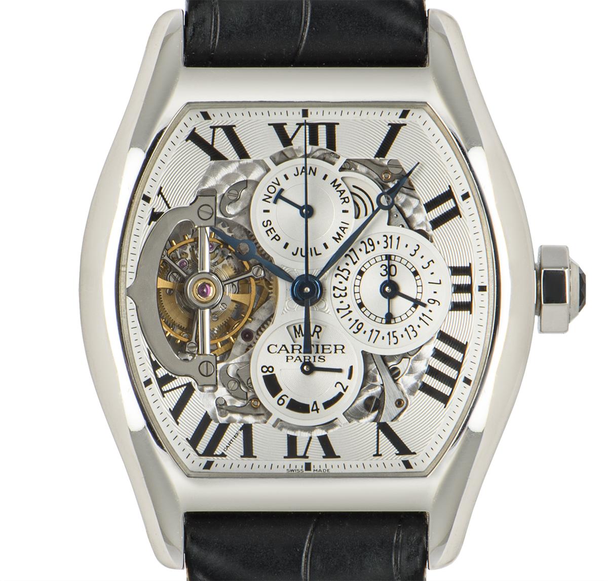 A Platinum Limited Edition Privée Tortue Tourbillon Perpetual Calendar Gents Wristwatch, silver guilloche dial with roman numerals and a secret signature at V of VII, blued steel Breguet style hands, leap year aperture at 1 0'clock, date sub-dial