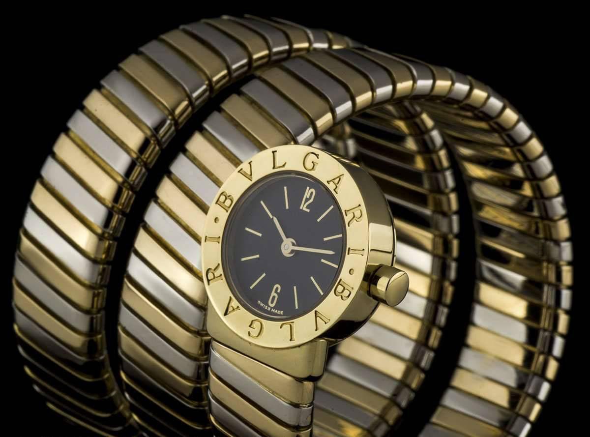 Bulgari Gold and White Gold Black Dial Snake Tubogas BB191T Ladies Quartz Watch In Excellent Condition In London, GB